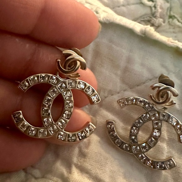 CHANEL Silver Crystal Logo Earrings - Picture 1 of 9